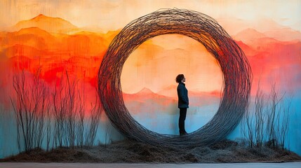 Person standing in a large circular structure.