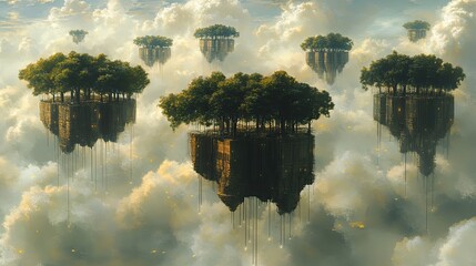 Floating islands adorned with trees in a cloudy sky.