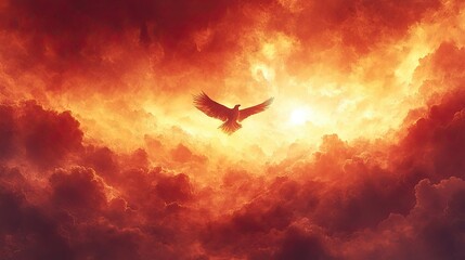 Fiery bird soaring through a dramatic sky.