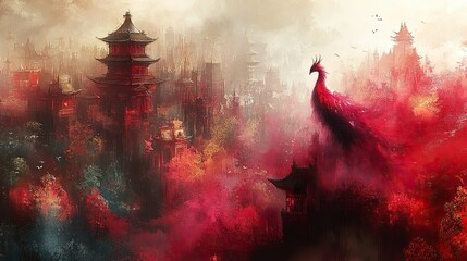 Red phoenix in a misty oriental city.