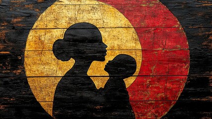 Silhouettes of a mother and child on a distressed wooden background.