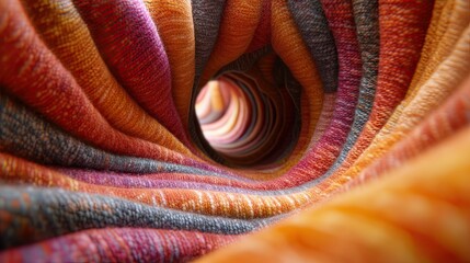 Colorful fabric textures form a swirling tunnel.