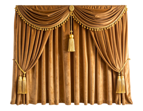  Closed Brown Velvet Drapery with Golden Tassel Tieback, isolated on transparent background.