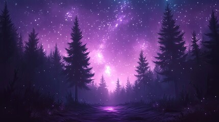 A mystical forest bathed in a vibrant purple starry night.