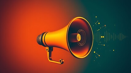 Vintage megaphone with abstract sound wave visualization in orange and blue duotone, symbolizing modern communication.