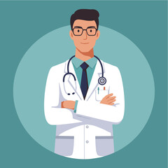 Fototapeta premium A digitally illustrated doctor with glasses and a stethoscope around his neck, standing with arms crossed, representing medical professionals and healthcare.