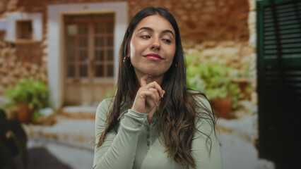 Young hispanic woman smiling thoughtfully outdoors in rustic setting with stone walls and greenery...