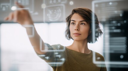 A focused young woman interacts with a transparent digital interface, engaging with futuristic technology in a modern workspace.