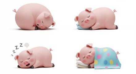 Cute sleeping pig illustration set