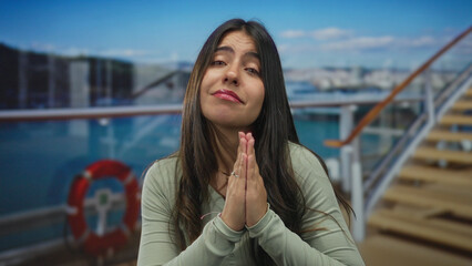 Young hispanic woman with praying gesture on boat enjoying scenic seaside view outdoor under clear...
