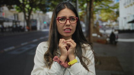 Young hispanic woman wearing red glasses and white blouse with clasped hands shows tension on a...