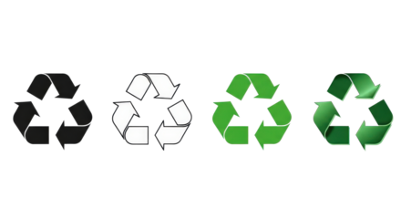 A set of four recycle symbols in various styles: solid black, black outline, flat green, and glossy green, on a transparent background