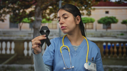 Woman doctor outdoors holding black ribbon in hand, symbolizing remembrance and awareness, wearing...