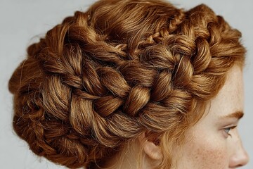 Naklejka premium Crown Braid Made With Thick Auburn Brown Hair. The Braid Wraps Around The Entire Head Like A Halo, Tightly Woven And Smooth. Each Hair Strand Is Defined, And The Style Is N