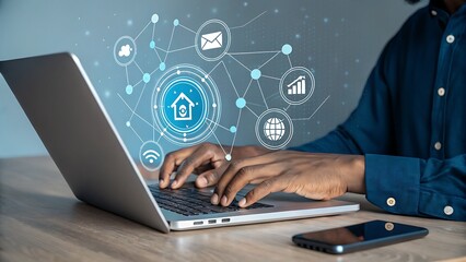 Person Using Laptop with Connectivity Icons Displaying Advanced Digital Network Integration for Modern Efficiency.