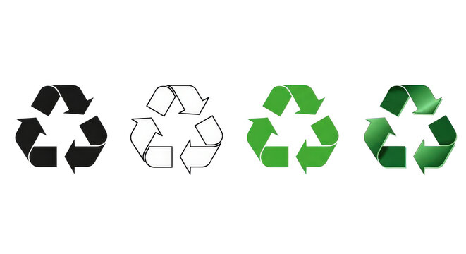 A set of four recycle symbols in various styles: solid black, black outline, flat green, and glossy green, on a transparent background