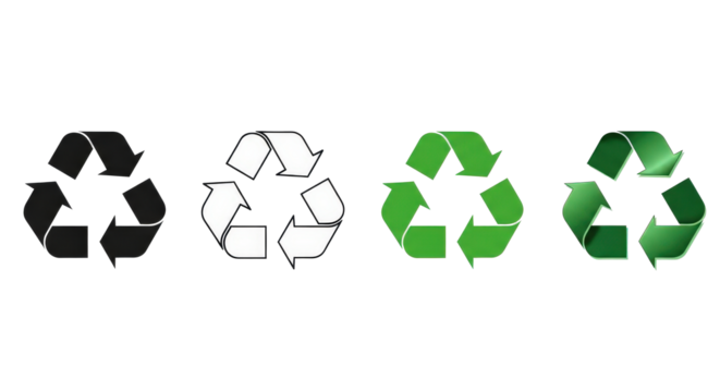 A set of four recycle symbols in various styles: solid black, black outline, flat green, and glossy green, on a transparent background