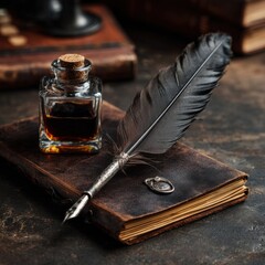 A vintage quill pen beside an inkwell on leather surface.