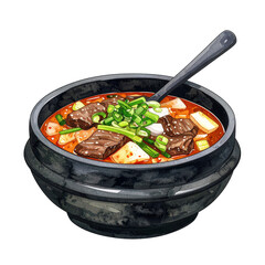 한국의 인기 음식인 뚝배기에 담긴 소고기 국밥