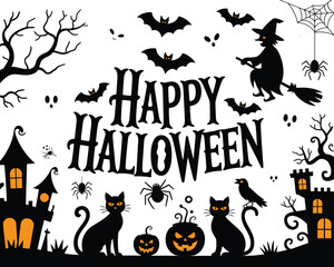 Black & White Halloween Set - Scary Faces Haunted Mansion Witch Flight RIP Graveyard

