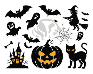Obraz premium Classic Halloween Icons Bundle - Witch Cat Spider Web Crow Bone Scary Motifs