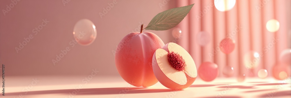 Aufkleber vibrant stylized peach split open revealing 3d pit with minimal surrounding space and untouched top 