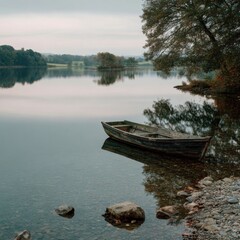 Obraz premium A tranquil scene of a lake with a lonely rowing boat.