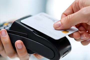 Person Inserts Credit Card Into Payment Terminal For A Transaction