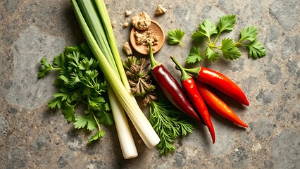 Top view of Asian cuisine ingredients arranged on stone texture with warm lighting.