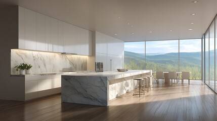 A minimalist kitchen with marble countertops, sleek cabinetry, and large glass windows showing green hills outside