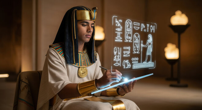 Ancient Egyptian scribe using a futuristic holographic tablet instead of papyrus. symbolizing tech reinterpretation of ancient knowledge concept.