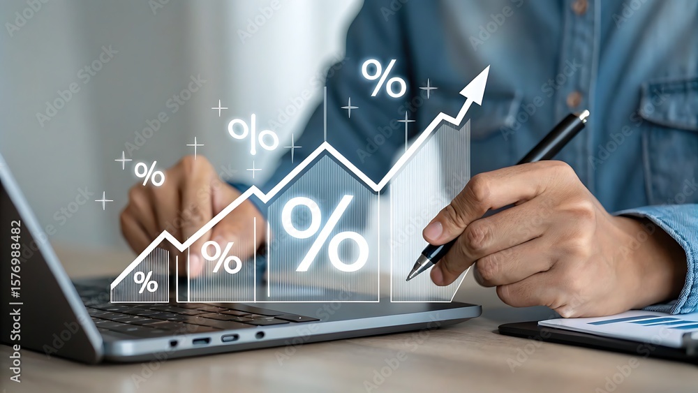 Aufkleber analyzing growth chart on laptop: visual representation of progress and positive trends in strategy,
