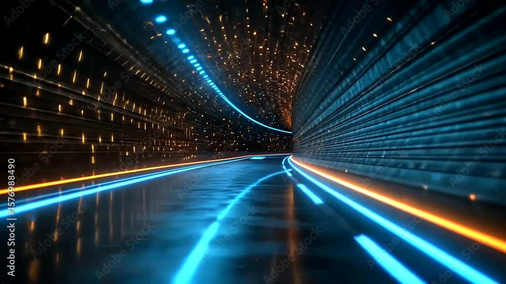 Aufkleber abstract futuristic tunnel with neon lights and glowing particles animation loop