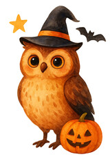 Fototapeta premium Owl in a witch hat with a pumpkin.white isolate background