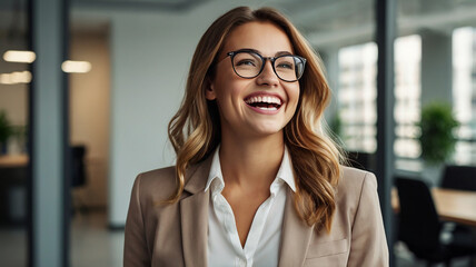 Obraz premium Young happy cheerful professional business woman, happy laughing female office worker wearing glasses looking away at copy space advertising job opportunities or good business services.