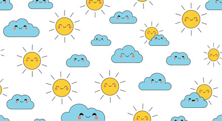 Whimsical sunshine and smiling clouds pattern adorable weather illustrations for cheerful designs