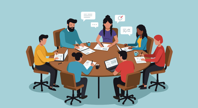 A group of seven people sits around a round table working