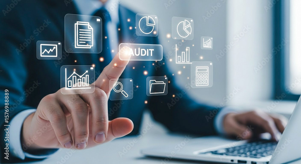 Poster finger pressing audit icon on digital interface with chart visuals for financial reporting and contr