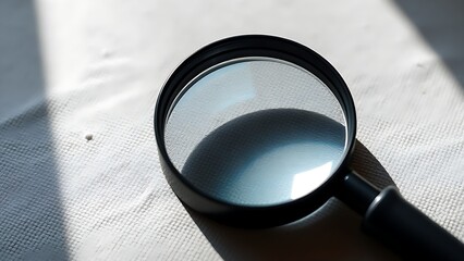 Magnifying glass on a textured surface with soft focus, suggesting inspection or detailed examination.