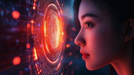 Biometric identification concept: Monitoring and scanning security using fingerprint scanner for future digital cybersecurity programs.