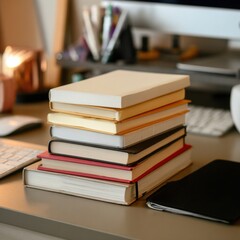 Fototapeta premium A stack of notebooks with plain covers in neutral tones.