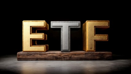 Modern Financial Concept: A Stunning Illustration Featuring Polished Silver and Gold ETF Letters with a Bold Presence on a Stark Black Background, Conveying Growth and Value.