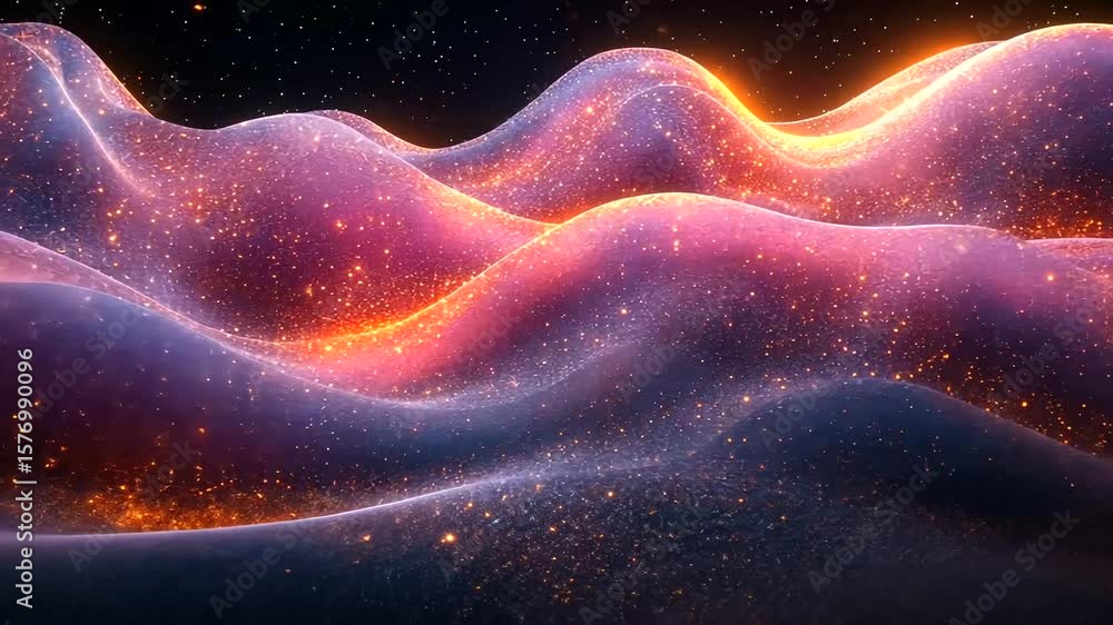 Poster abstract glowing fractal landscape with cosmic dust particles and soft wave patterns
