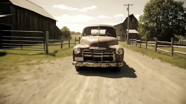Classic Antique Truck Driving Through Countryside &ndash; Old Rusty Vehicle on Peaceful Country Farm Dirt Road