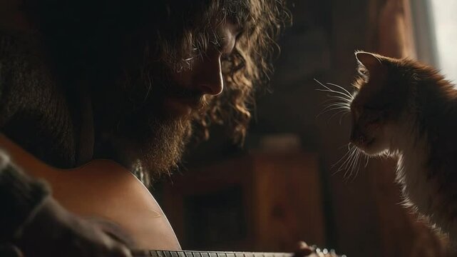 A man with cat: A touching moment of companionship, a man with a beard tenderly shares a quiet moment with a fluffy cat, a story of affection in a shared intimate scene.
