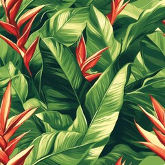 A seamless tropical pattern featuring lush green palm leaves and bright red heliconia flowers, bold and fresh 
