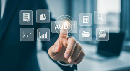 Businessman activating digital audit system through touchscreen interface for compliance evaluation