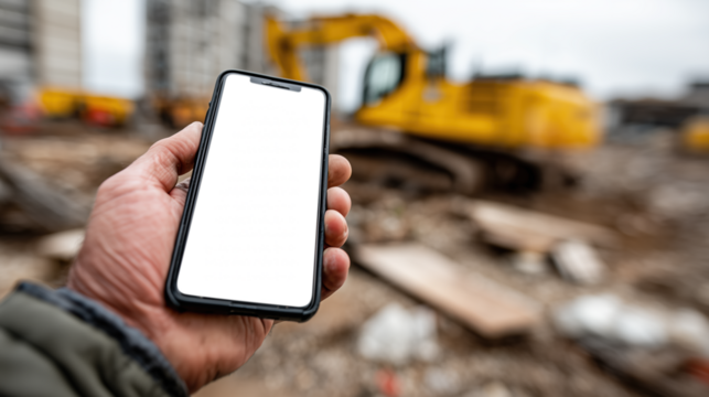 Smartphone à écran vide tenu sur un chantier avec engin en arrière
