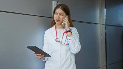 Woman doctor in white coat with stethoscope talks on phone holding tablet outside urban hospital...