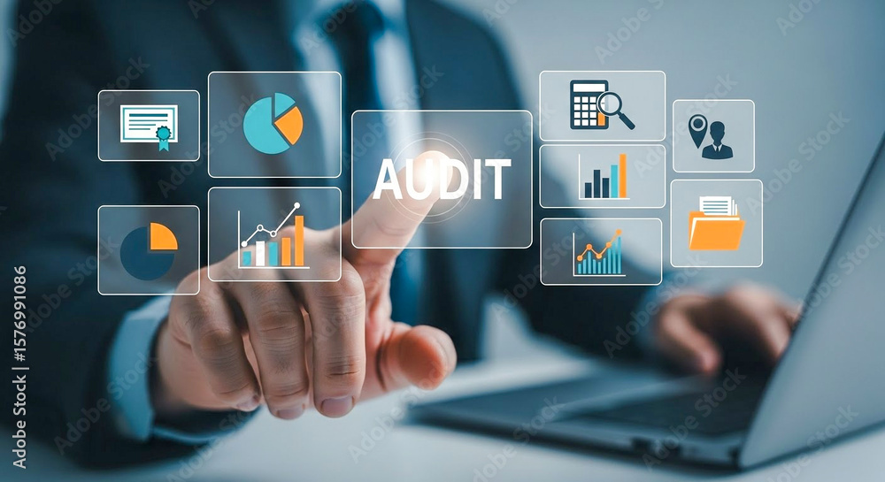 Poster businessperson selecting audit function on digital analytics dashboard with colorful financial chart